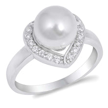 Load image into Gallery viewer, Sterling Silver Heart Shaped Pearl With Clear CZ RingAnd Face Height 13mmAnd Band Width 2mm