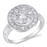 Sterling Silver Round Flower Shaped Clear CZ RingAnd Face Height 13mmAnd Band Width 2mm