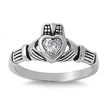 Load image into Gallery viewer, Sterling Silver Claddagh Shaped Clear CZ RingAnd Face Height 9mmAnd Band Width 2mm