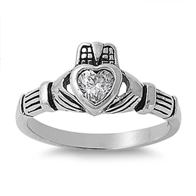 Sterling Silver Claddagh Shaped Clear CZ RingAnd Face Height 9mmAnd Band Width 2mm