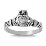 Sterling Silver Claddagh Shaped Clear CZ RingAnd Face Height 9mmAnd Band Width 2mm