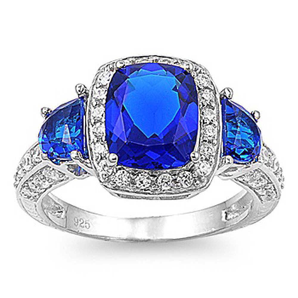 Sterling Silver Blue Spinel Sapphire Square Shaped Clear CZ RingAnd Face Height 13mmAnd Band Width 2mm