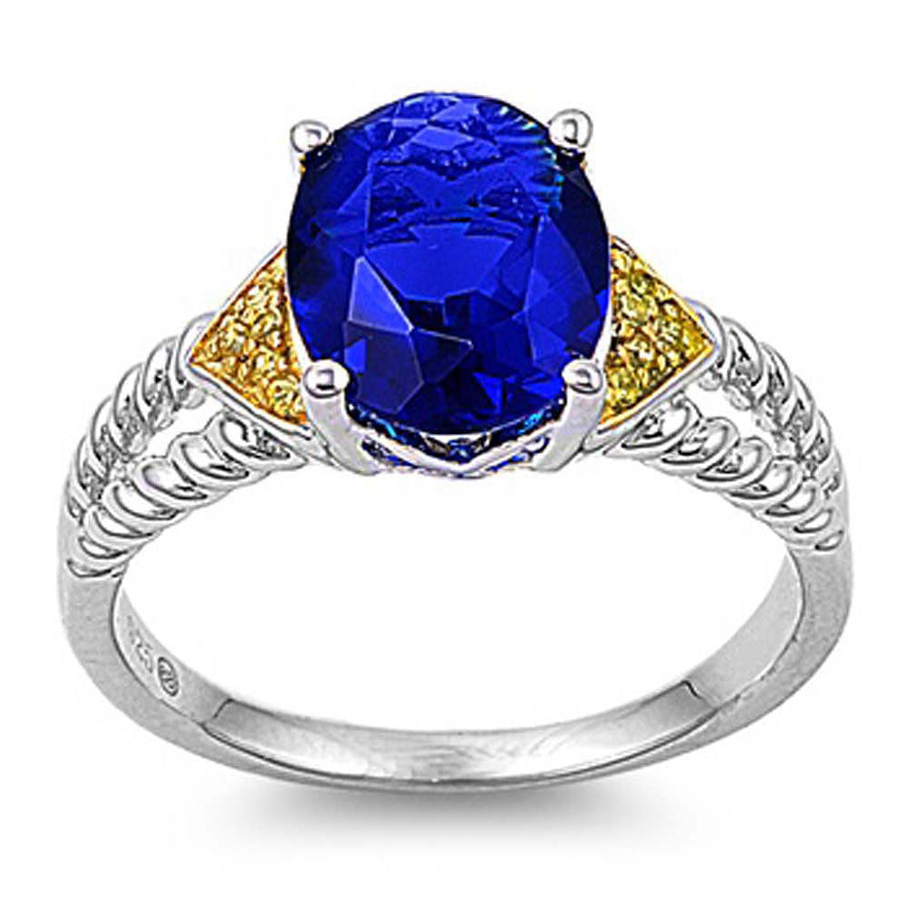 Sterling Silver Blue Sapphire Oval With Trillion Yellow CZ RingAnd Face Height 9mmAnd Band Width 2mm