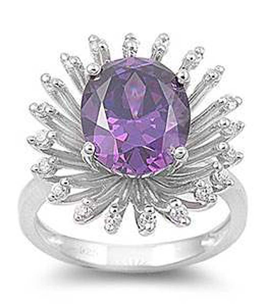 Sterling Silver Flower Shaped Amethyst And Clear CZ RingsAnd Face Height 21mmAnd Band Width 2mm