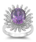 Sterling Silver Flower Shaped Amethyst And Clear CZ RingsAnd Face Height 21mmAnd Band Width 2mm