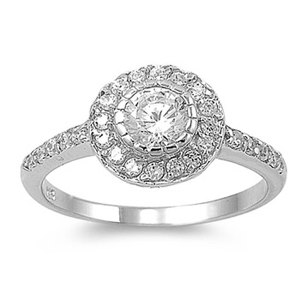 Sterling Silver Round Flower Shaped Clear CZ RingAnd Face Height 10mmAnd Band Width 2mm