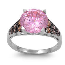 Load image into Gallery viewer, Sterling Silver Pink Round Shaped Clear CZ RingAnd Face Height 10mmAnd Band Width 2mm