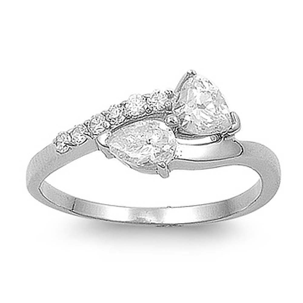 Sterling Silver Pear And Trillion Shaped Clear CZ RingAnd Face Height 9mmAnd Band Width 2mm