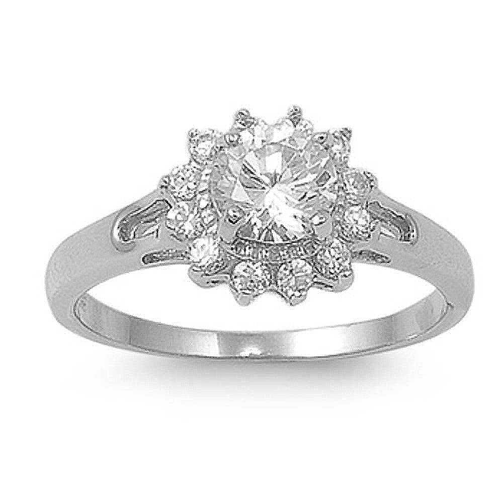 Sterling Silver Flower Shaped Clear CZ RingAnd Face Height 10mmAnd Band Width 2mm