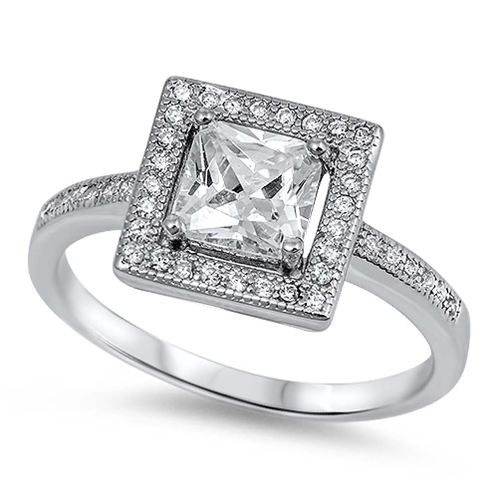 Sterling Silver Clear Princess Cut CZ Halo Style Solitaire Engagement Ring with Pave Said Views with Rhodium FinishAnd Face Height of 10mm