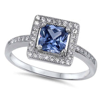 Load image into Gallery viewer, Sterling Silver Classy Princess Cut Tanzanite Cz and Clear Czs Inlaid on Halo Setting Band Ring with Face Height of 10MM