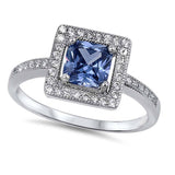 Sterling Silver Classy Princess Cut Tanzanite Cz and Clear Czs Inlaid on Halo Setting Band Ring with Face Height of 10MM