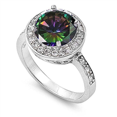 Sterling Silver Rainbow Topaz Round Shaped Clear CZ RingAnd Face Height 14mm