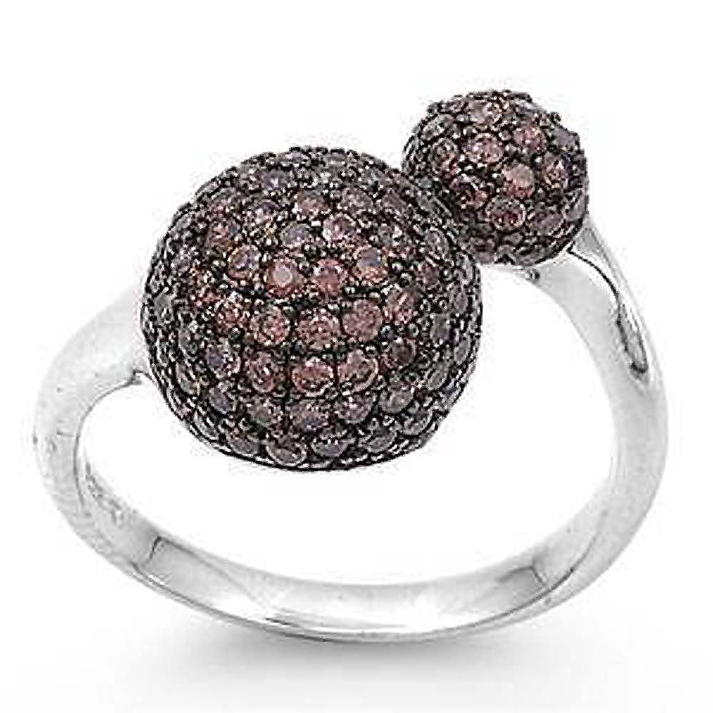 Sterling Silver Round Balls Shaped Champagne And Black CZ RingAnd Face Height 17mmAnd Band Width 2mm