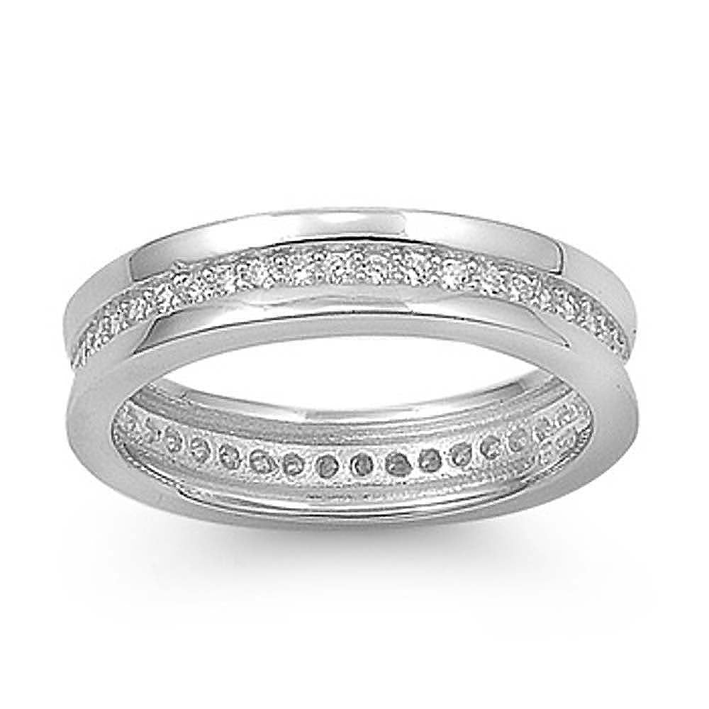 Sterling Silver Double Lines Round Shaped Clear CZ RingAnd Face Height 4mmAnd Band Width 4mm