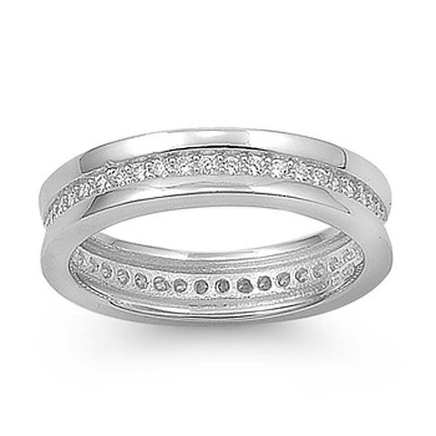 Sterling Silver Double Lines Round Shaped Clear CZ RingAnd Face Height 4mmAnd Band Width 4mm