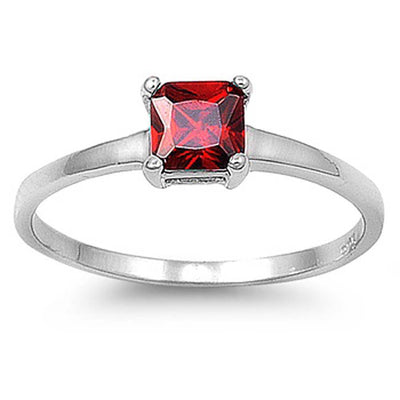 Sterling Silver Garnet Square Shaped Clear CZ RingAnd Face Height 5mmAnd Band Width 2mm