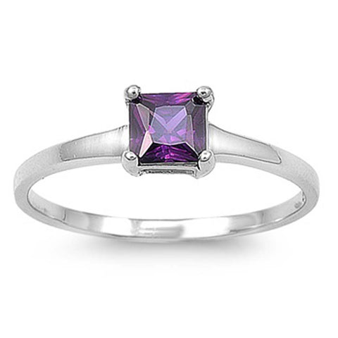 Sterling Silver Square With Amethyst Cubic Zirconia Ring