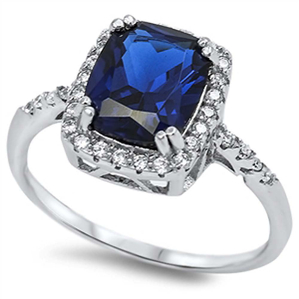 Sterling Silver Blue Sapphire Rectangle Shaped Clear CZ RingAnd Face Height 12mmAnd Band Width 2mm