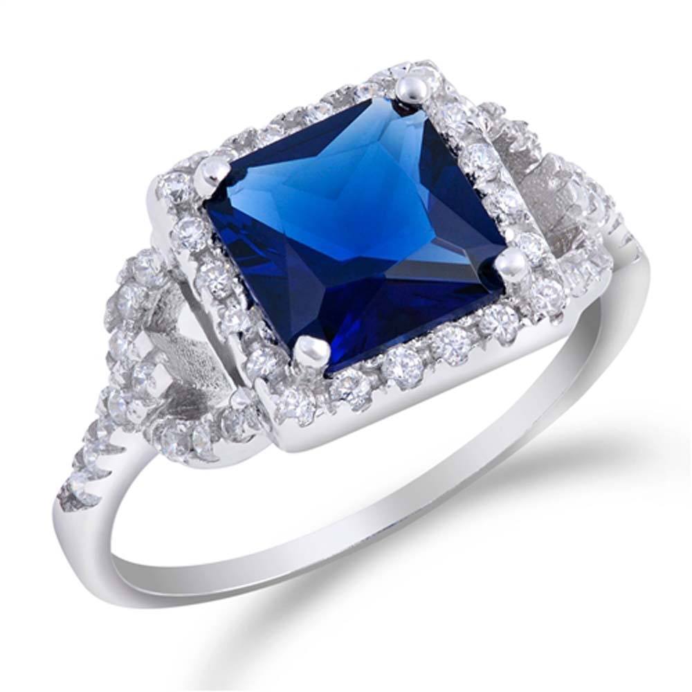 Sterling Silver Blue Sapphire Square With Clear CZ RingAnd Face Height 11mmAnd Band Width 2mm