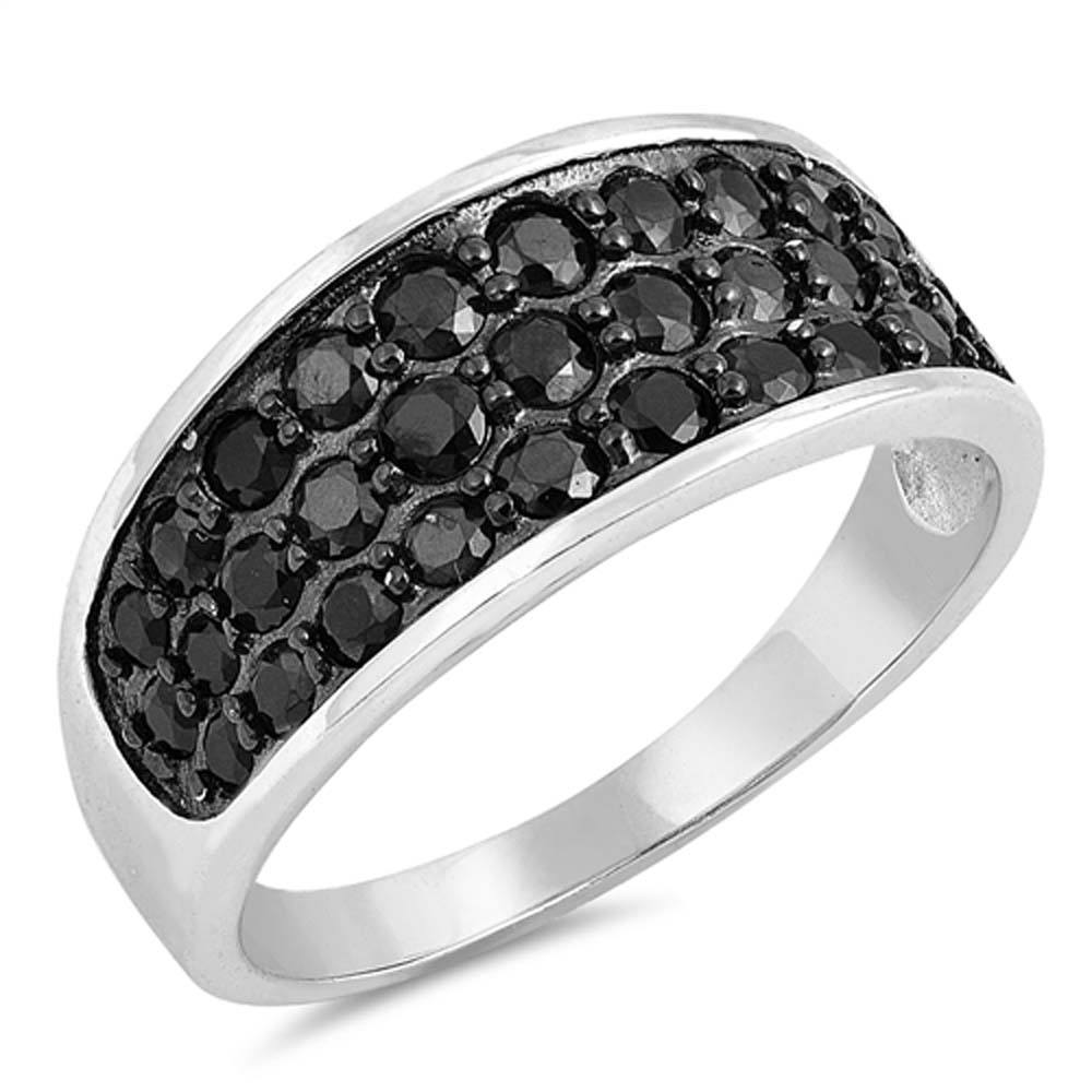 Sterling Silver Dome Wedding Band With Black CZ RingAnd Face Height 9mm Band Width 2mm