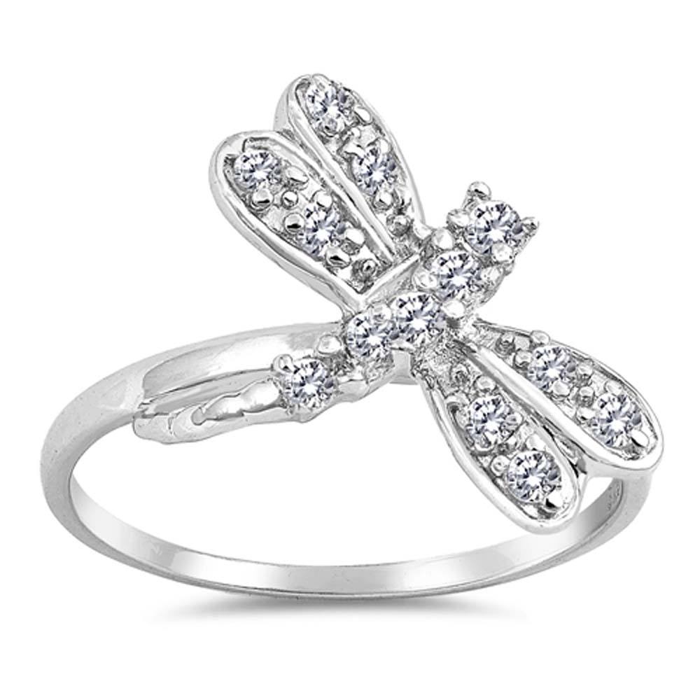 Sterling Silver Dragonfly Shaped Clear CZ RingAnd Face Height 12mmAnd Band Width 2mm