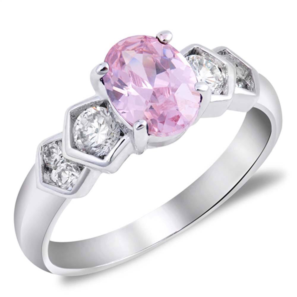 Sterling Silver Pink Oval With Diamond Cut Clear CZ RingAnd Face Height 7mmAnd Band Width 2mm