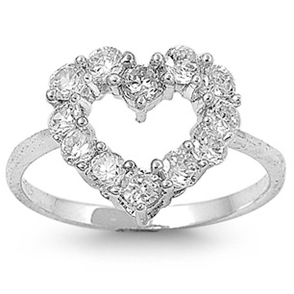 Sterling Silver Heart Shaped Clear CZ RingAnd Face Height 13mmAnd Band Width 2mm