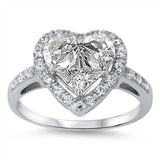 Sterling Silver Heart Shaped Clear CZ RingAnd Face Height 13mmAnd Band Width 2mm