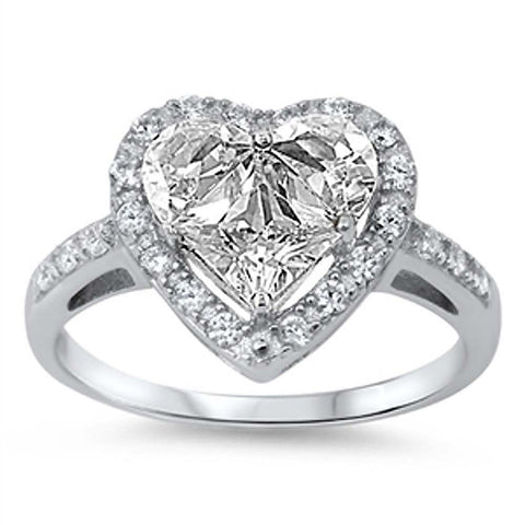 Sterling Silver Heart Shaped Clear CZ RingAnd Face Height 13mmAnd Band Width 2mm