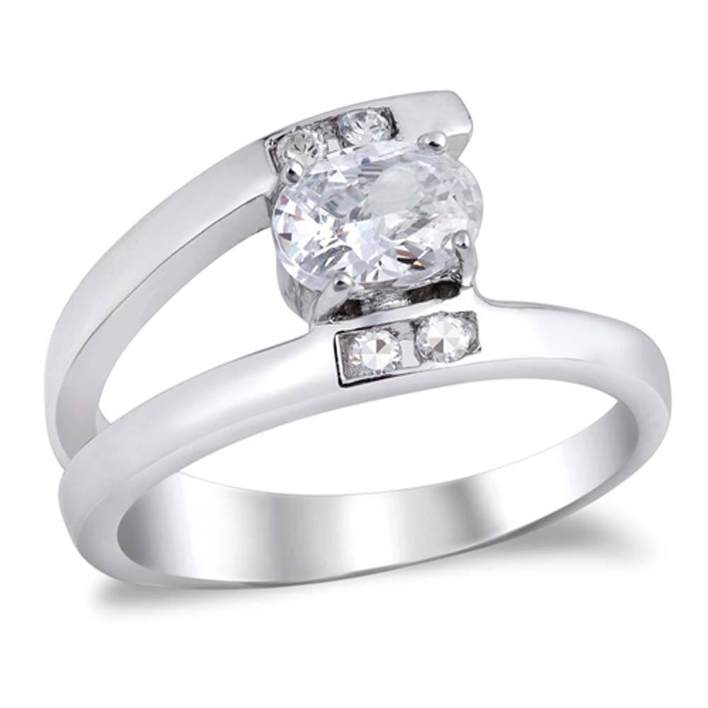 Sterling Silver Oval With Curve Shaped Clear CZ RingAnd Face Height 10mmAnd Band Width 2mm