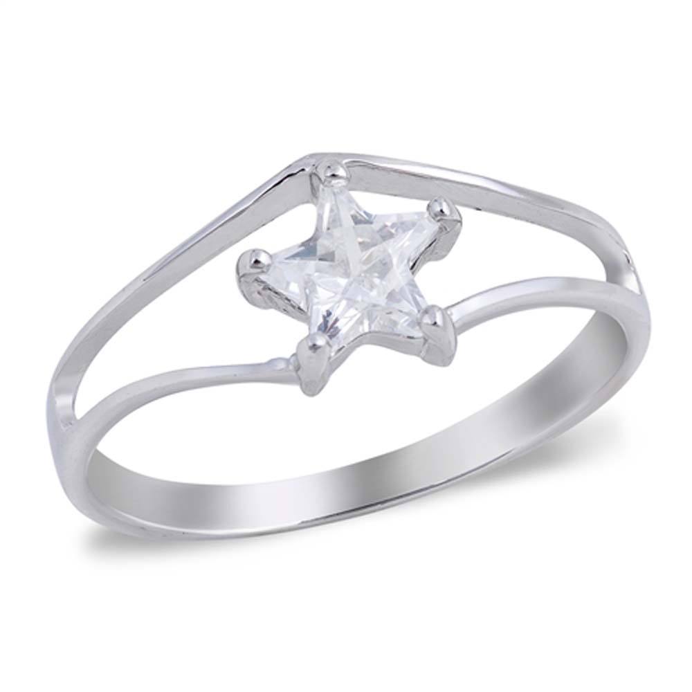 Sterling Silver Star Shaped Clear CZ RingAnd Face Height 8mmAnd Band Width 2mm
