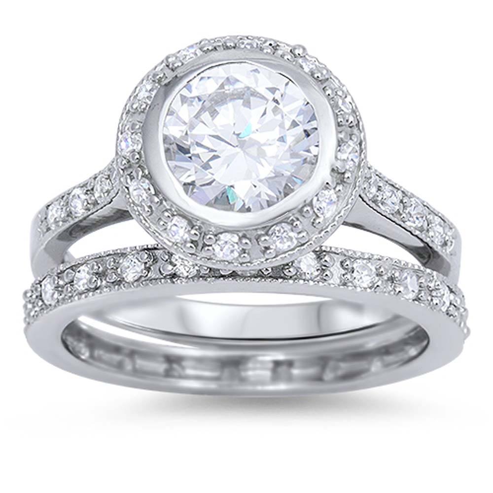Sterling Silver Circle Shaped Cubic Zirconia Wedding RingAnd Face Height 12mm