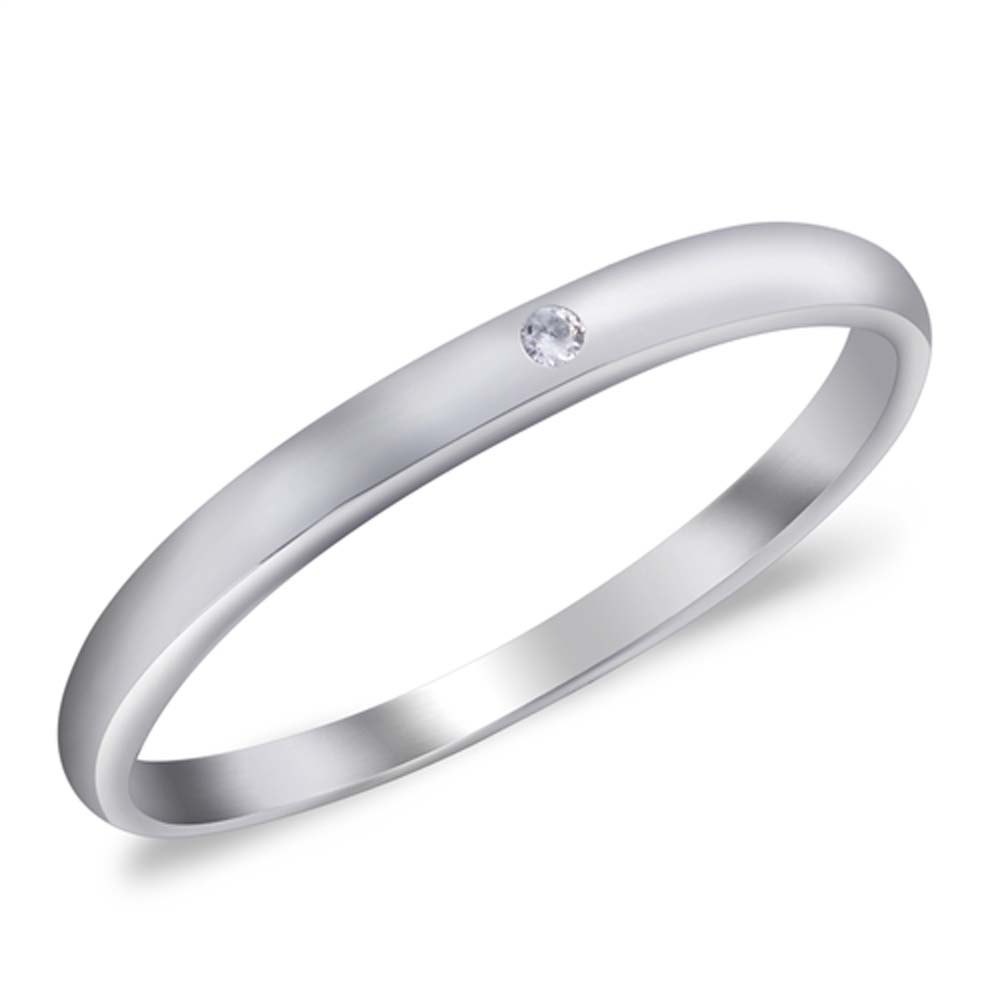 Sterling Silver Plain Wedding Band Clear CZ RingAnd Band Width 2mm