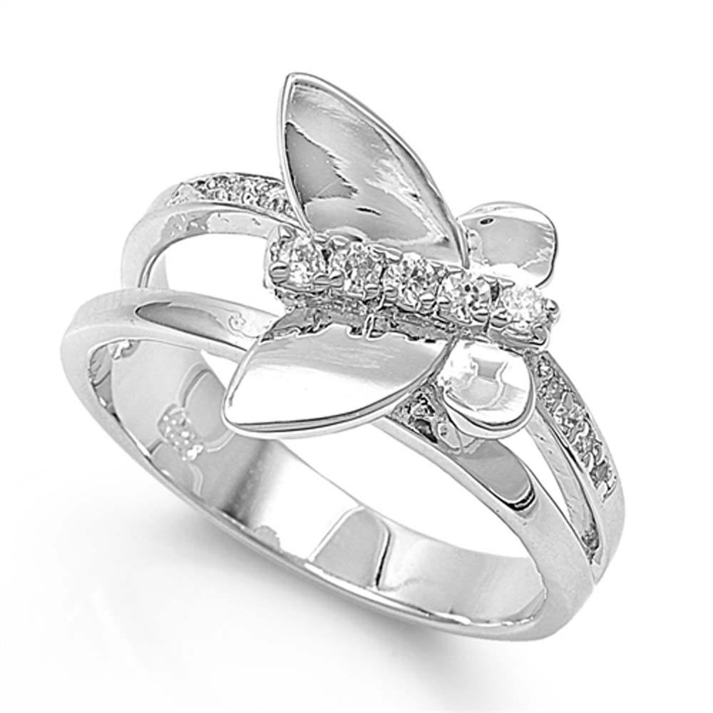 Sterling Silver Butterfly Shaped Clear CZ RingAnd Band Height 14mm