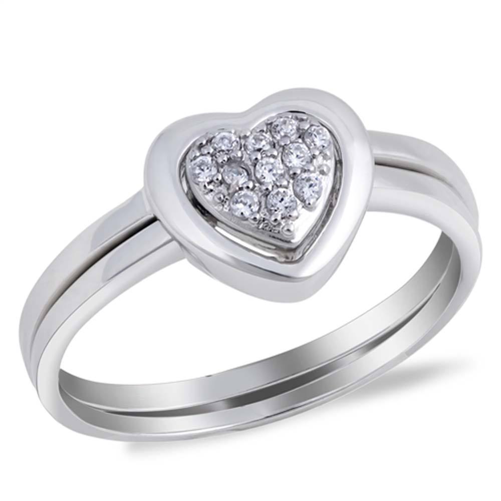 Sterling Silver Heart Shaped Wedding Ring Sets Clear CZ RingAnd Face Height 9mm