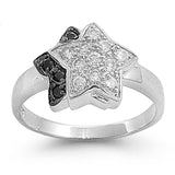 Sterling Silver Stars Shaped Black And Clear CZ RingAnd Face Height 12mm