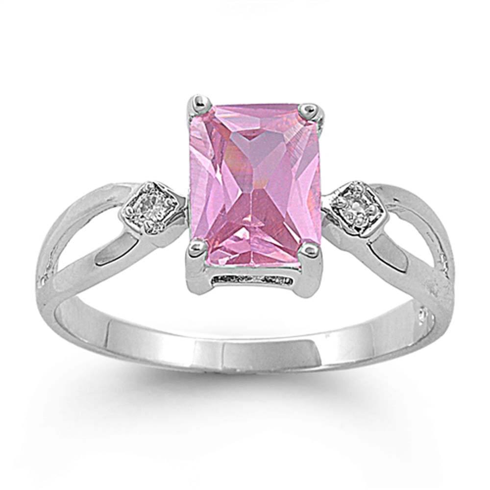 Sterling Silver Pink Rectangle Shaped Loop And Clear CZ RingAnd Face Height 8mm