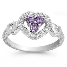 Load image into Gallery viewer, Sterling Silver Heart Lavender And Clear CZ RingAnd Face Height 10mm