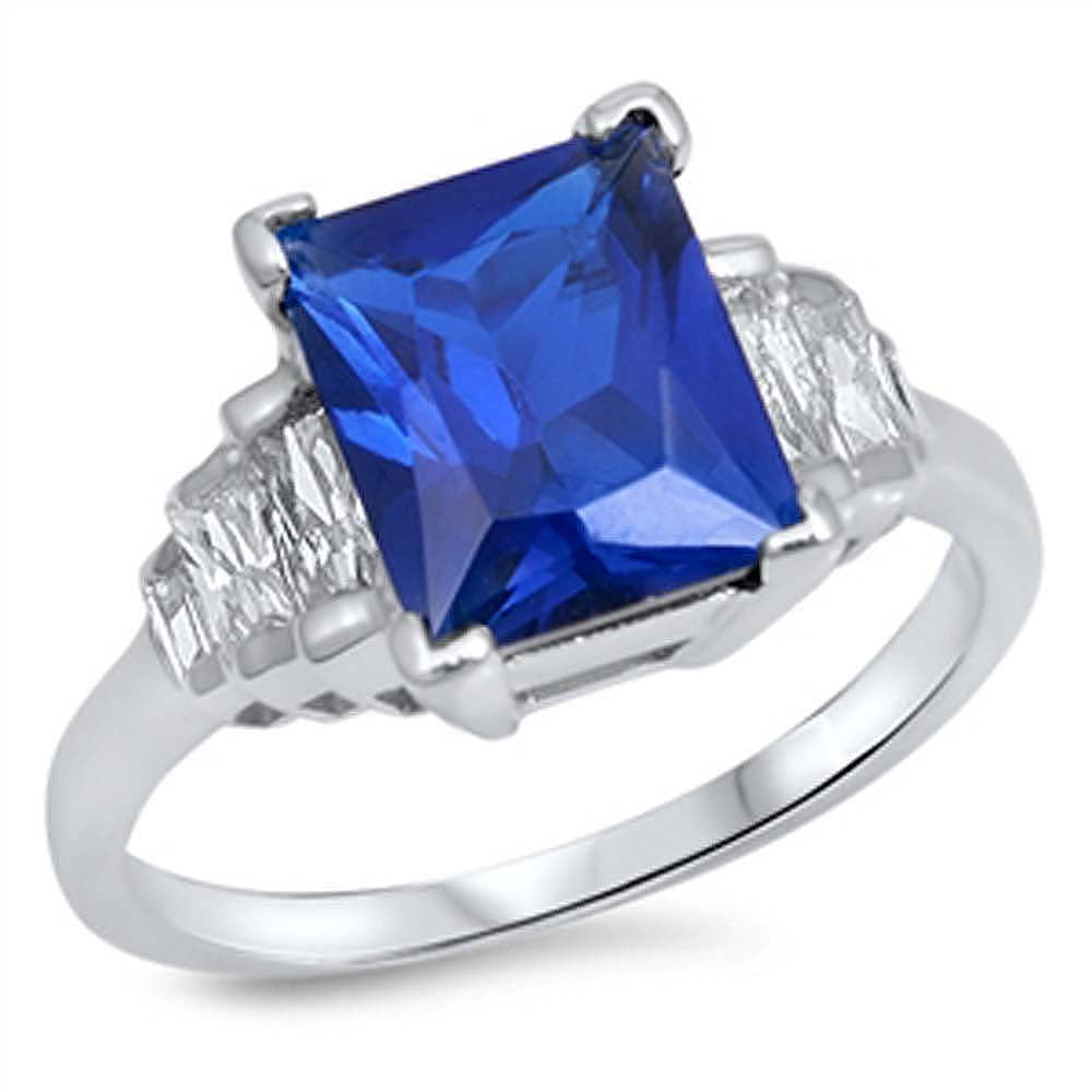 Sterling Silver Princess Cut Blue Sapphire Rectangle Shaped Clear CZ RingAnd Face Height 11mm