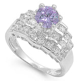 Sterling Silver Rhodium Plated Amethyst Round Steps Shaped Clear CZ RingAnd Face Height 12mm