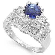 Load image into Gallery viewer, Sterling Silver Rhodium Plated Blue Sapphire Round Steps Shaped Clear CZ RingAnd Face Height 12mm