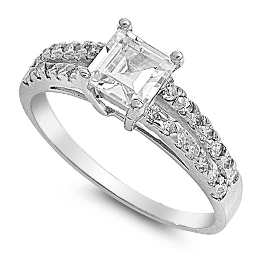 Sterling Silver Princess Cut Square Shaped Clear CZ RingAnd Face Height 7mm