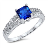 Sterling Silver Princess Cut Blue Sapphire Square Shaped Clear CZ RingAnd Face Height 7mm