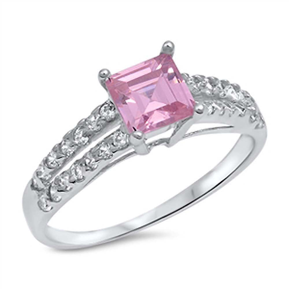 Sterling Silver Princess Cut Pink Square Shaped Clear CZ RingAnd Face Height 7mm