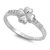 Sterling Silver Four Leaf Clover Heart Shaped Clear CZ RingAnd Face Height 8mm