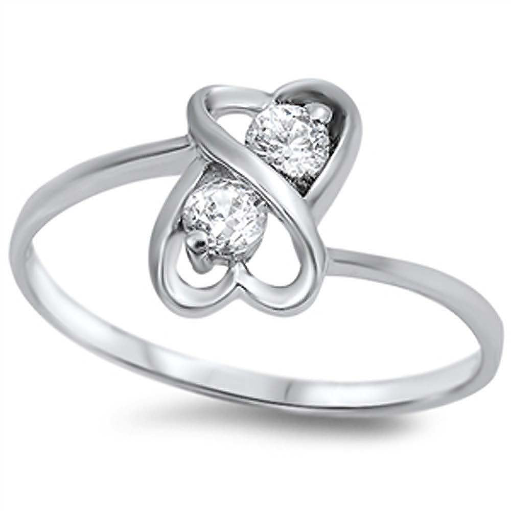 Sterling Silver Double Heart Shaped Clear CZ RingAnd Face Height 10mm