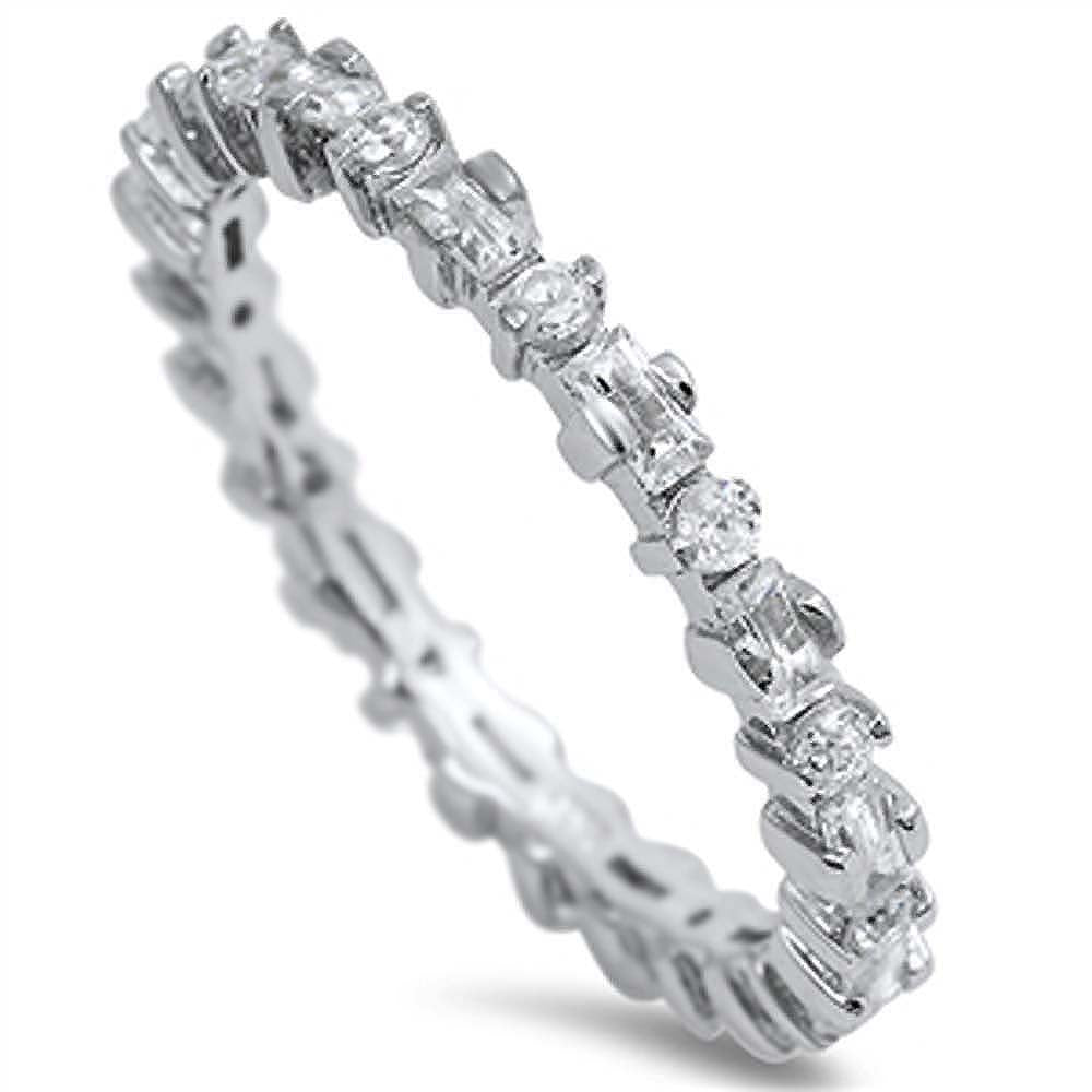 Sterling Silver Square And Round Wedding Band Clear CZ RingAnd Band Width 3mm