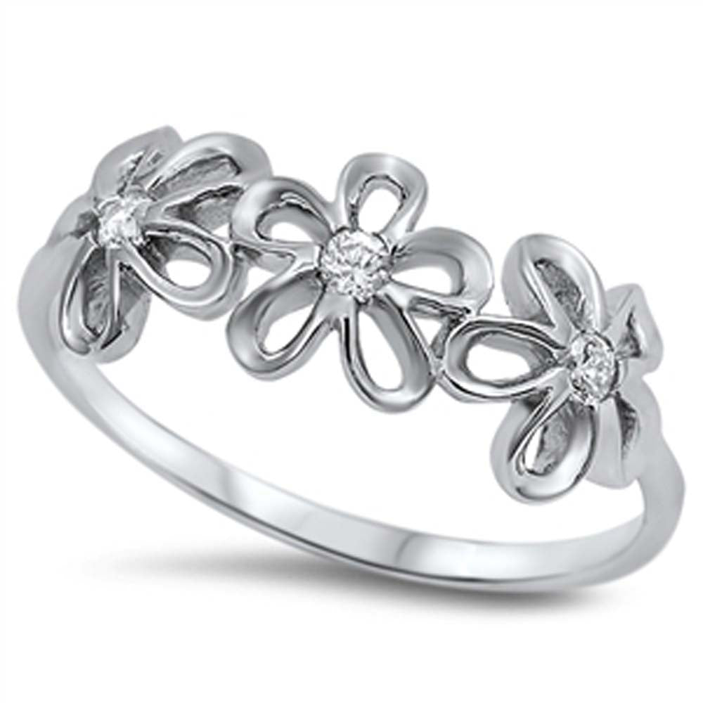 Sterling Silver Rhodium Plated Plumeria Shaped Clear CZ RingAnd Band Width 8mm