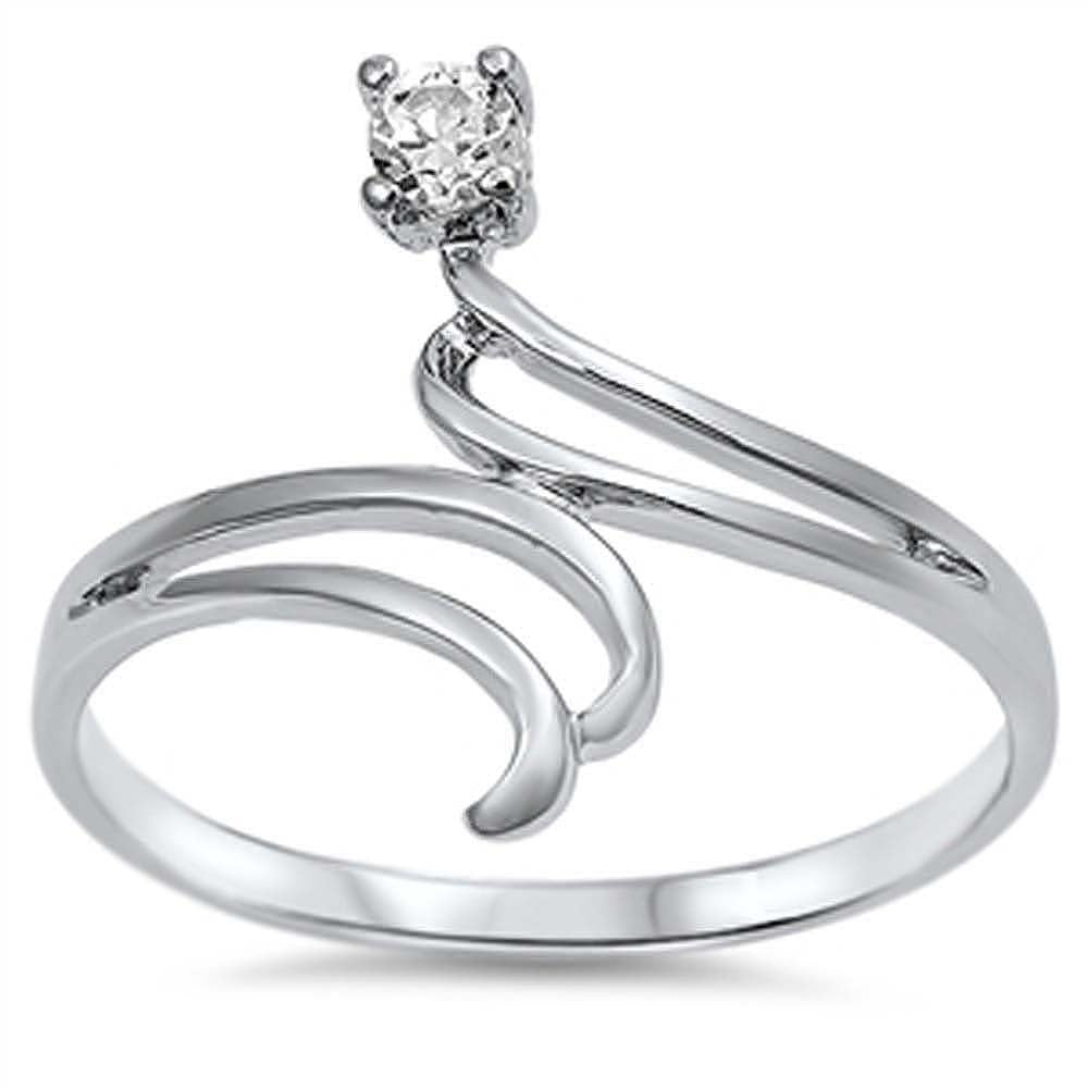 Sterling Silver Round And Double Curves Shaped Clear CZ RingAnd Face Width 16mm